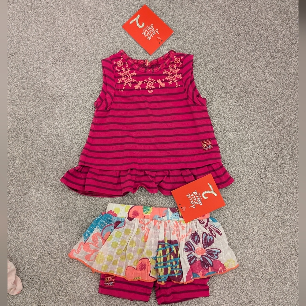 NWT Deux par Deux Colorful Baby Girls Shirt and Skirth with Shorts Set